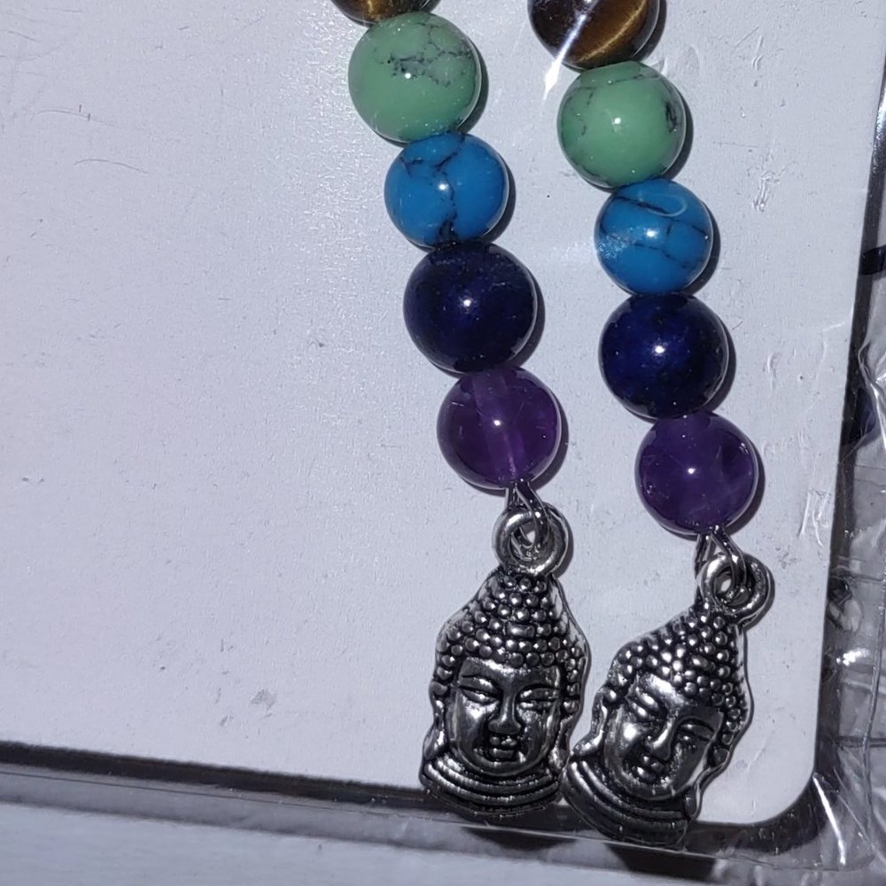 Dangling Earrings - Chakra colored beads with Buddha Head - Picture 2 of 2